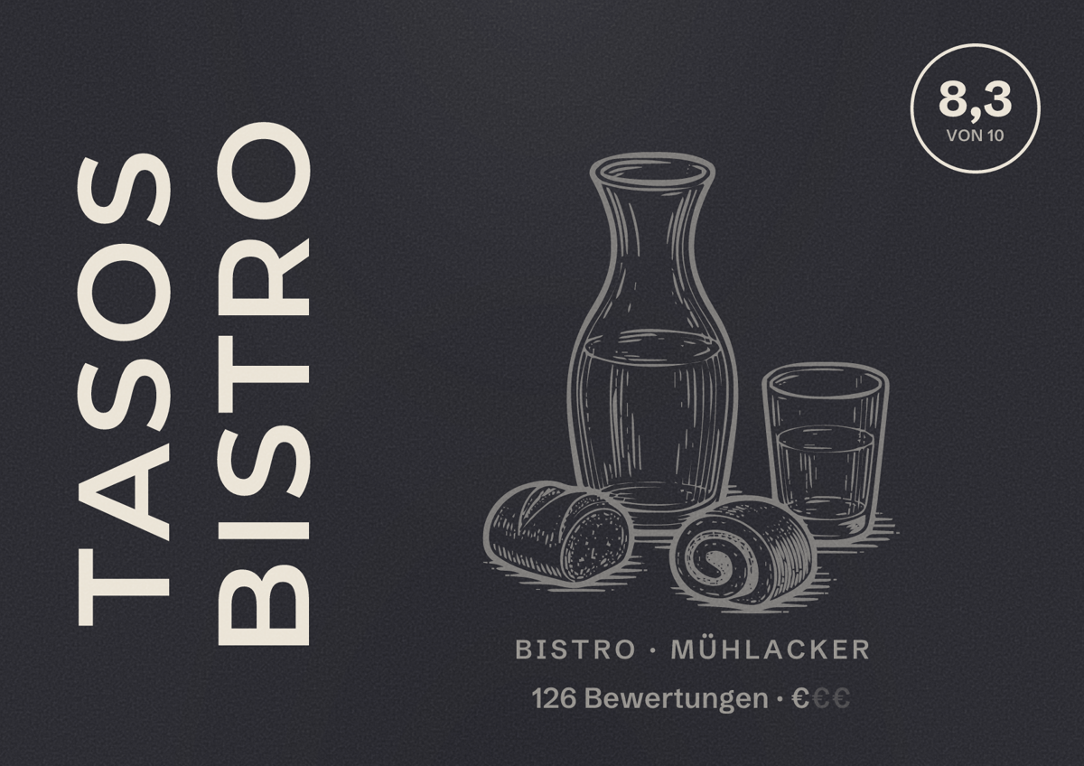 Illustriertes Poster von Tasos Bistro, Bistro in Mühlacker: Bewertung 8,3 von 10 aus 126 Bewertungen, Preisniveau €