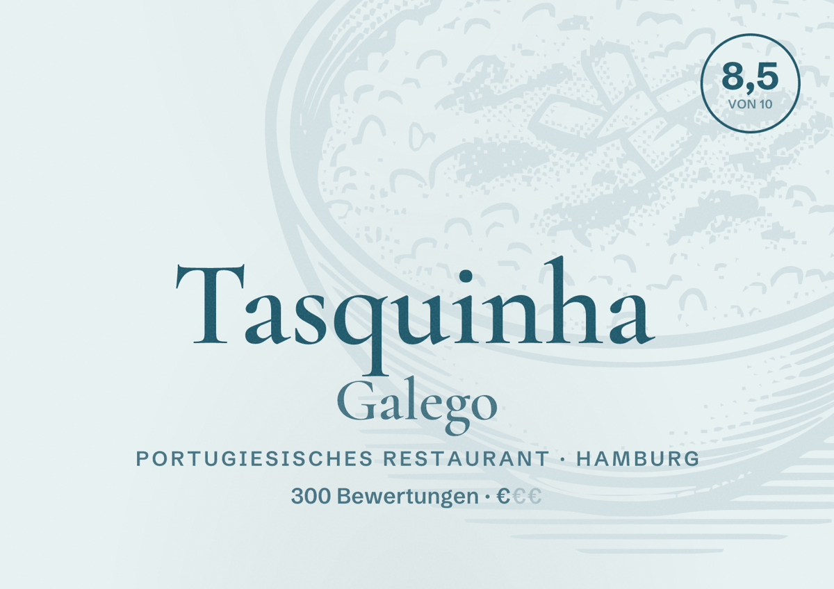 Illustriertes Poster von Tasquinha Galego, Portugiesisches Restaurant in Hamburg: Bewertung 8,5 von 10 aus 300 Bewertungen, Preisniveau €