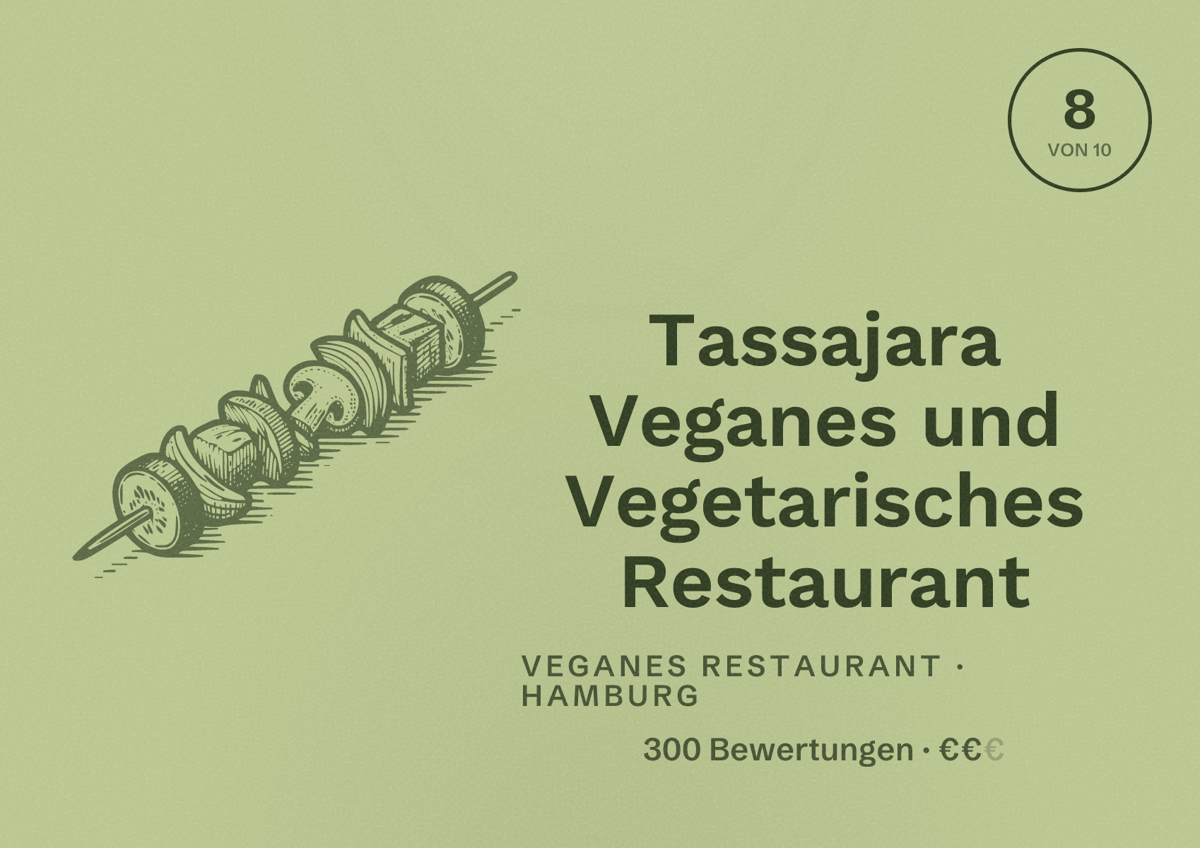 Illustriertes Poster von Tassajara Veganes und Vegetarisches Restaurant, Veganes Restaurant in Hamburg: Bewertung 8,0 von 10 aus 300 Bewertungen, Preisniveau €€