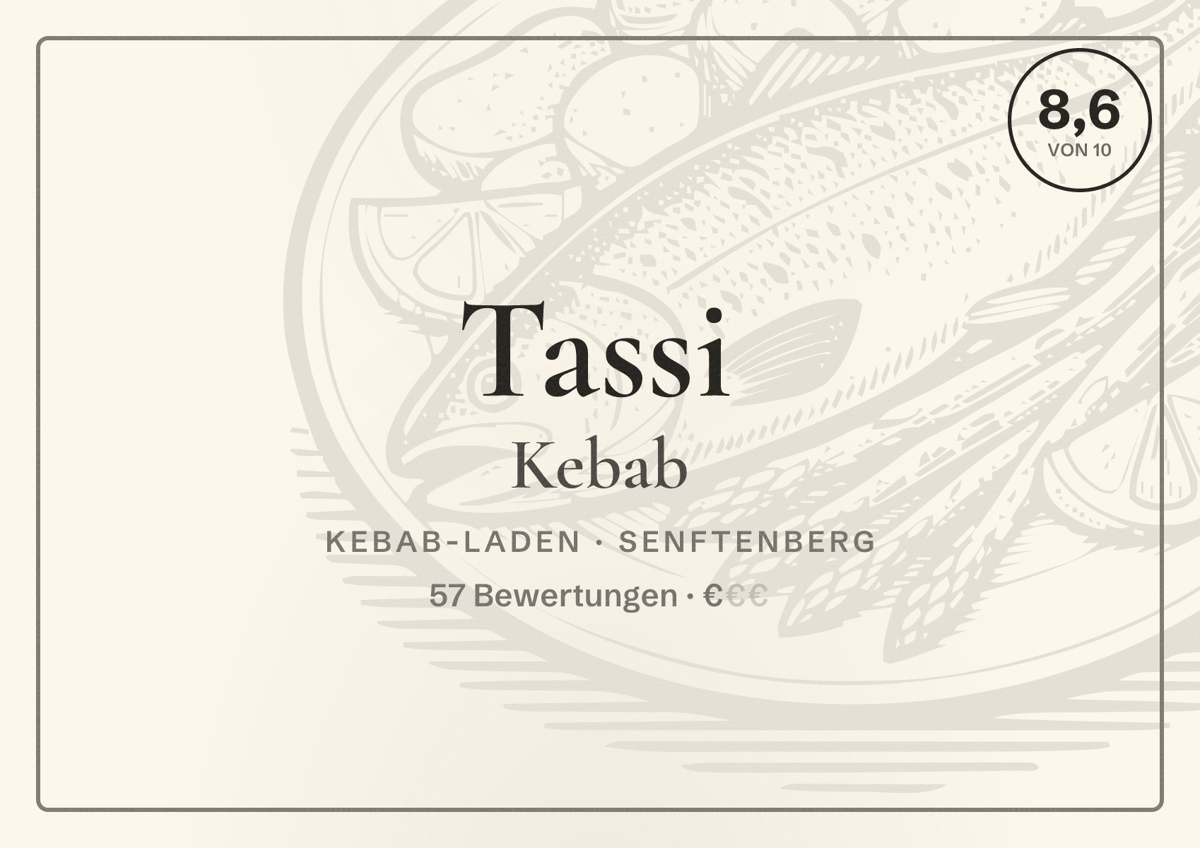 Illustriertes Poster von Tassi Kebab, Kebab-Laden in Senftenberg: Bewertung 8,6 von 10 aus 57 Bewertungen, Preisniveau €