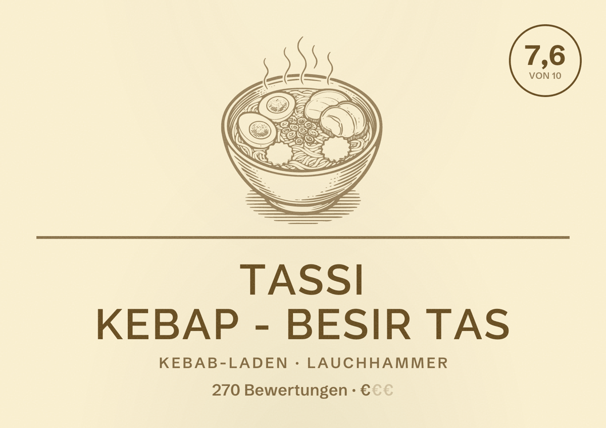 Illustriertes Poster von Tassi Kebap - Besir Tas, Kebab-Laden in Lauchhammer: Bewertung 7,6 von 10 aus 270 Bewertungen, Preisniveau €
