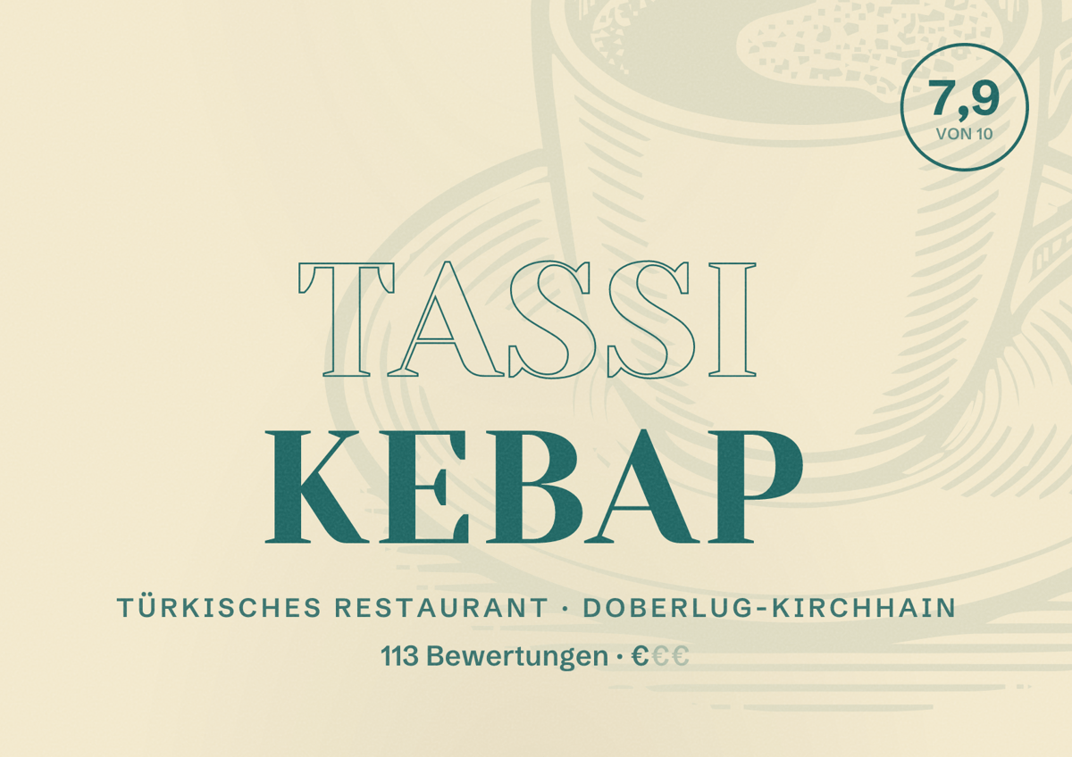 Illustriertes Poster von TASSi KEBAP, Türkisches Restaurant in Doberlug-Kirchhain: Bewertung 7,9 von 10 aus 113 Bewertungen, Preisniveau €