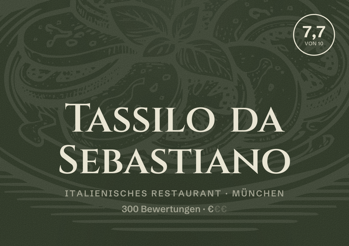 Illustriertes Poster von Tassilo da Sebastiano, Italienisches Restaurant in München: Bewertung 7,7 von 10 aus 300 Bewertungen, Preisniveau €