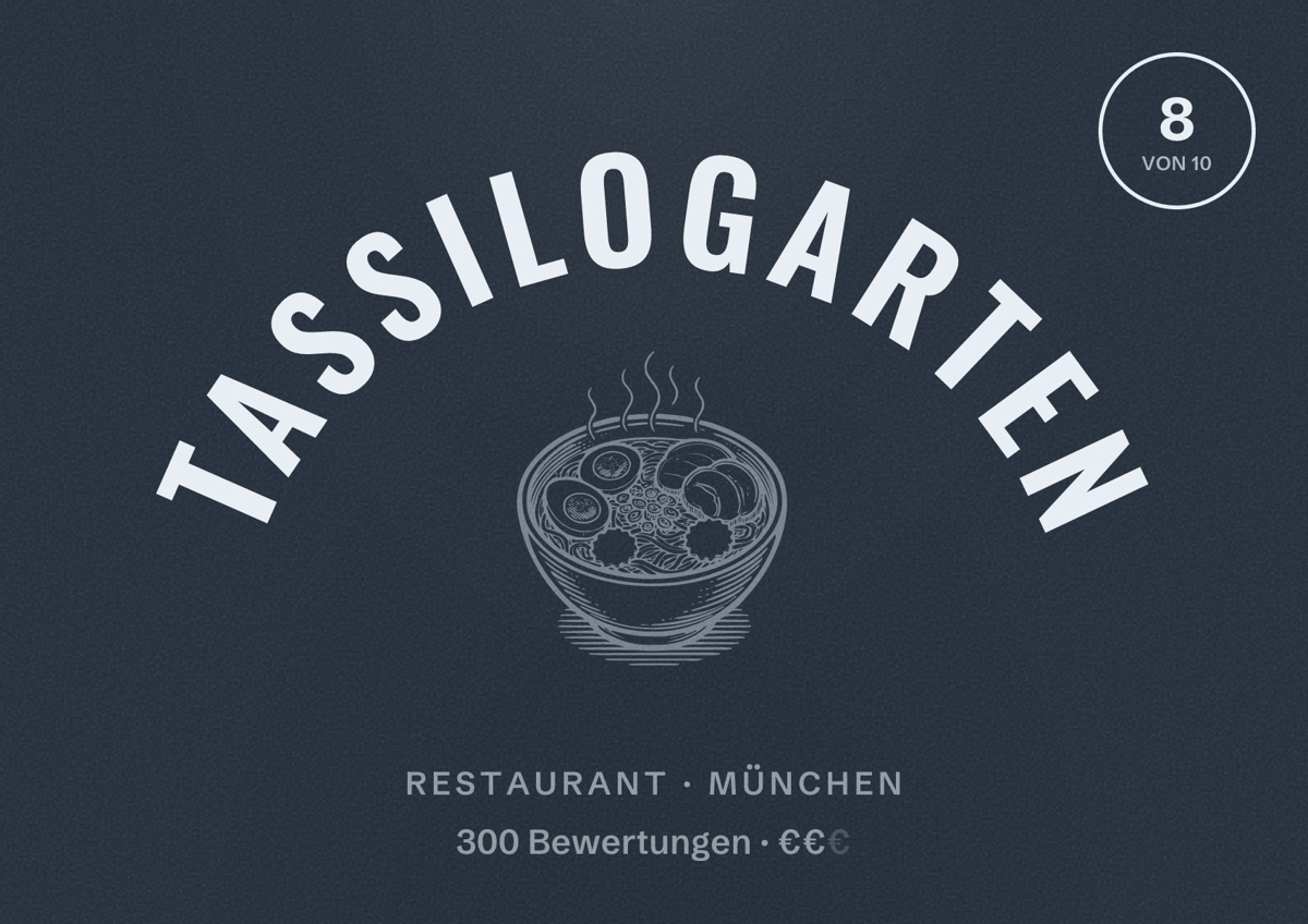 Illustriertes Poster von Tassilogarten, Restaurant in München: Bewertung 8,0 von 10 aus 300 Bewertungen, Preisniveau €€
