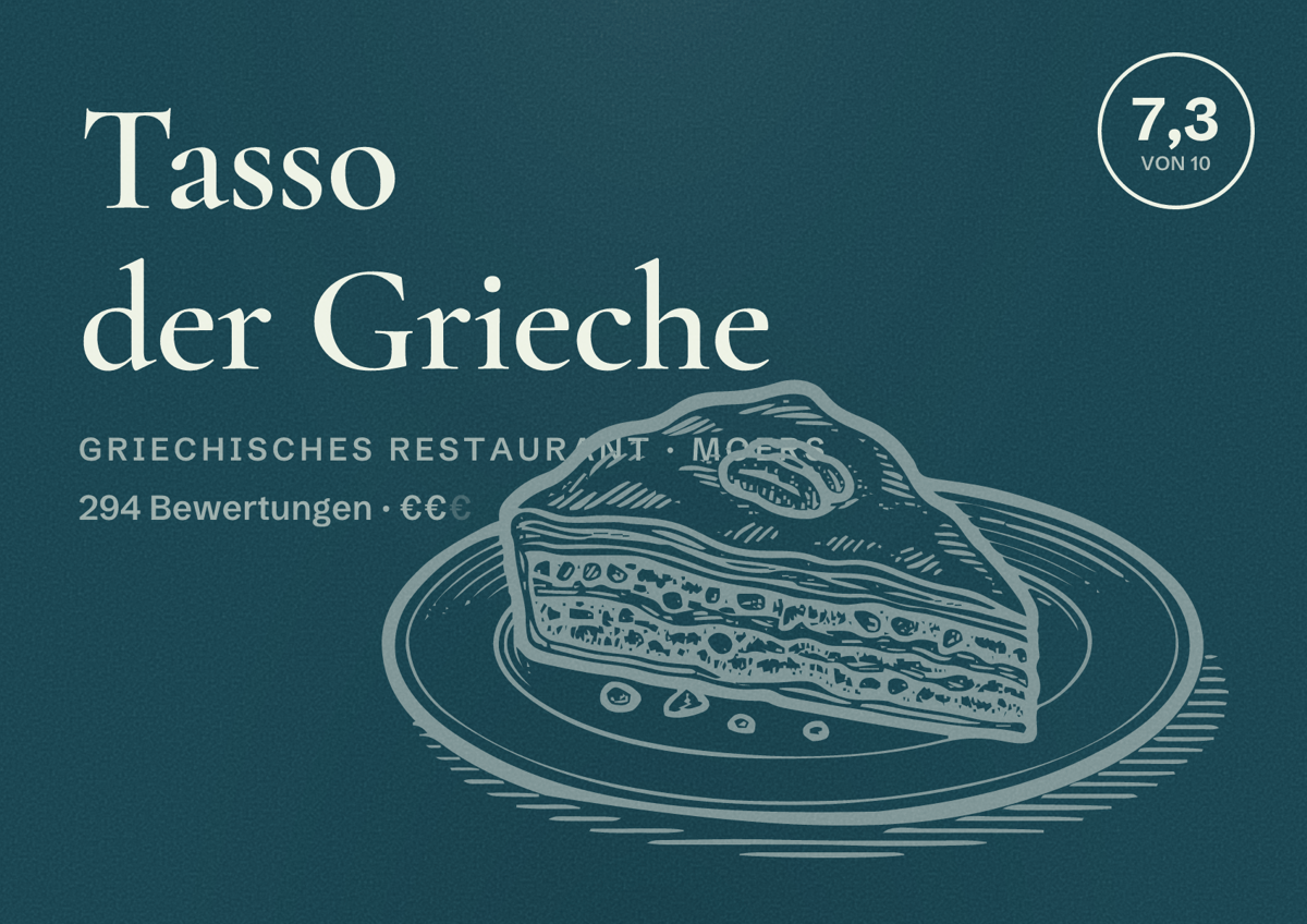 Illustriertes Poster von Tasso der Grieche, Griechisches Restaurant in Moers: Bewertung 7,3 von 10 aus 294 Bewertungen, Preisniveau €€