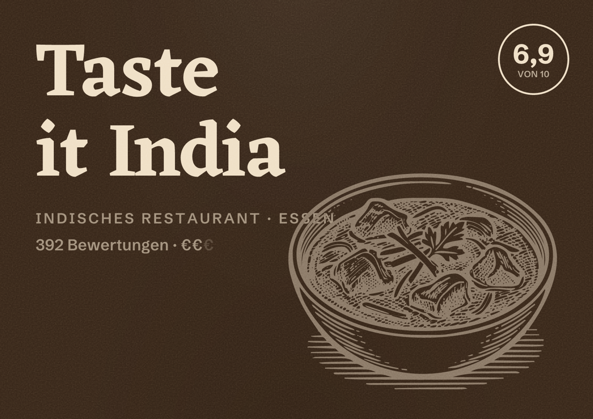 Illustriertes Poster von Taste it India, Indisches Restaurant in Essen: Gästebewertung 6,9 von 10 aus 392 Bewertungen