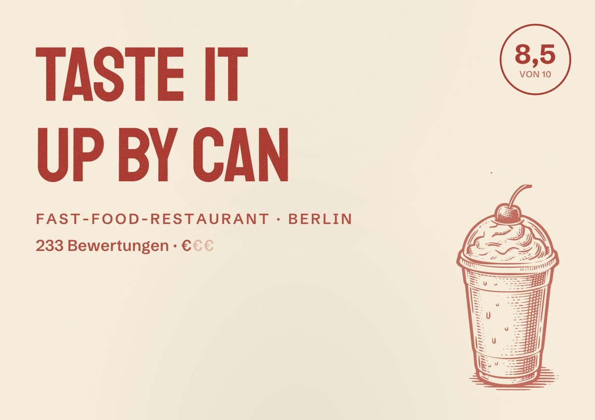 Illustriertes Poster von Taste it up by Can, Fast-Food-Restaurant in Berlin: Bewertung 8,5 von 10 aus 233 Bewertungen, Preisniveau €