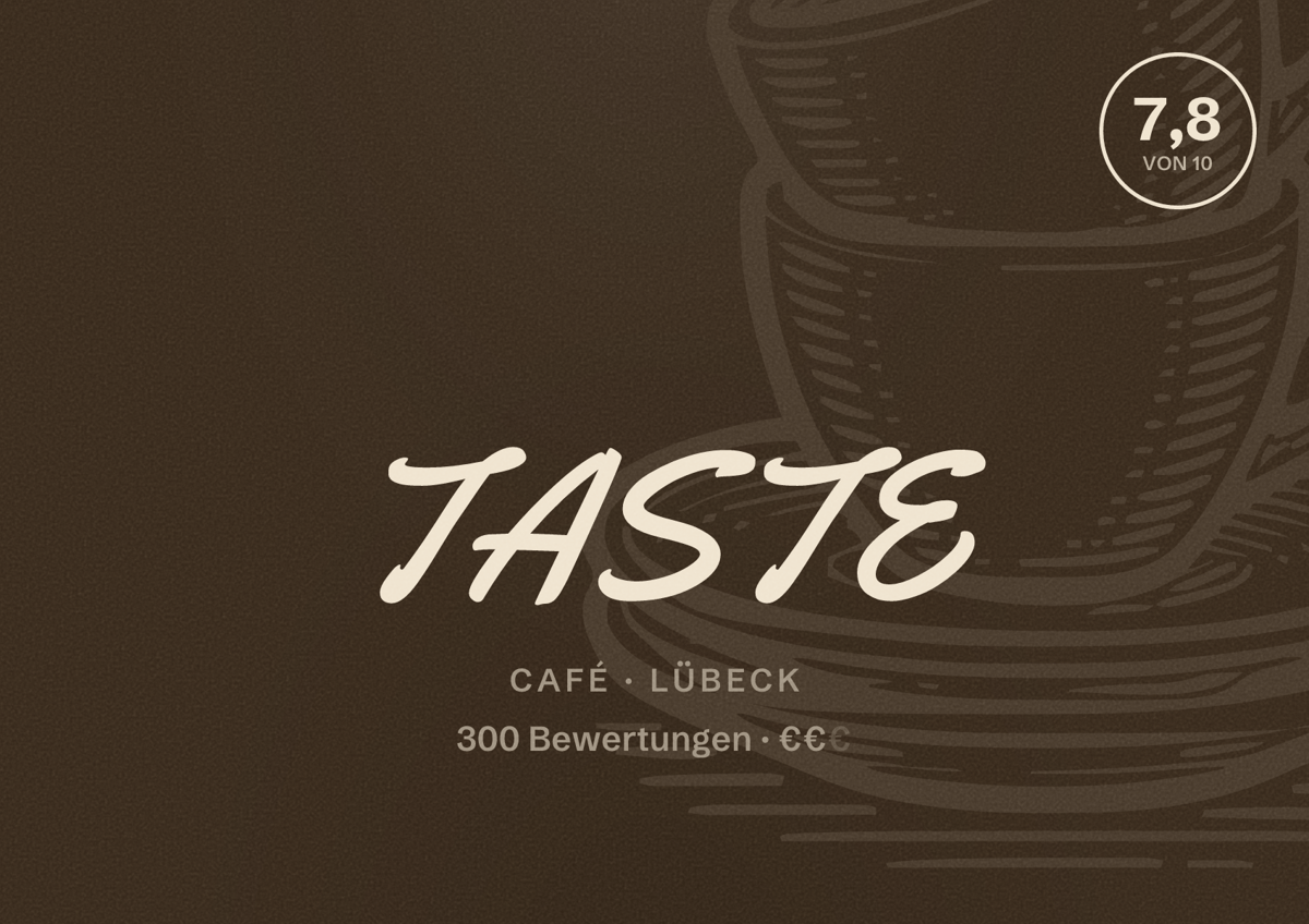 Illustriertes Poster von TASTE, Café in Lübeck: Bewertung 7,8 von 10 aus 300 Bewertungen, Preisniveau €€
