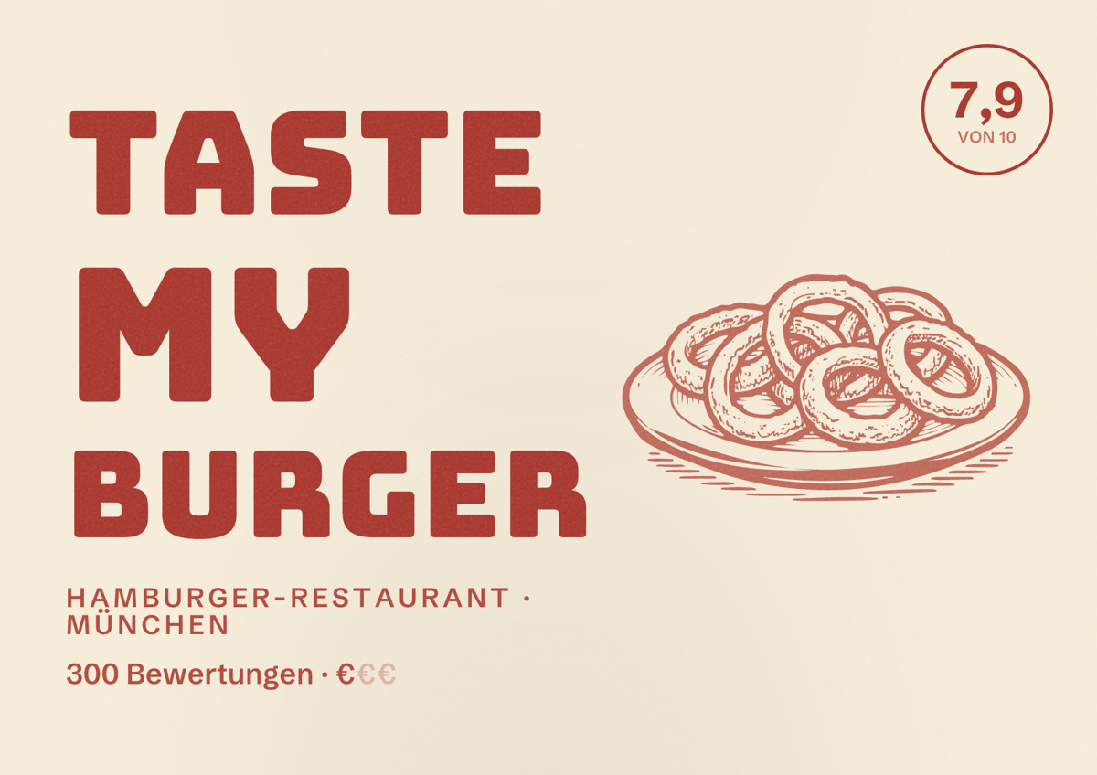 Illustriertes Poster von Taste my Burger, Hamburger-Restaurant in München: Bewertung 7,9 von 10 aus 300 Bewertungen, Preisniveau €