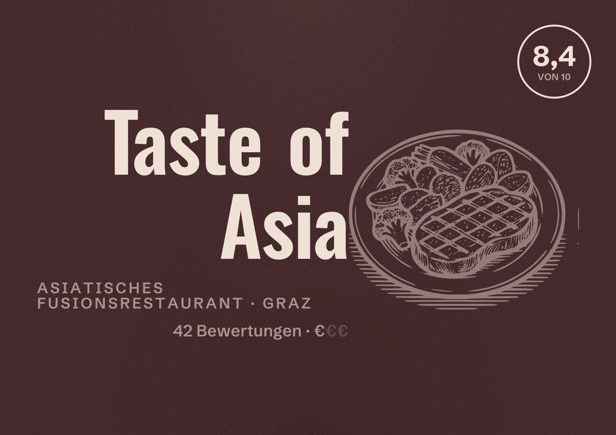 Illustriertes Poster von Taste of Asia, Asiatisches Fusionsrestaurant in Graz: Bewertung 8,4 von 10 aus 42 Bewertungen, Preisniveau €