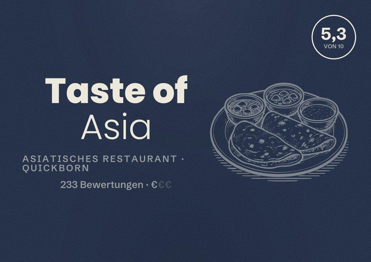 Illustriertes Poster von Taste of Asia, Asiatisches Restaurant in Quickborn: Bewertung 5,3 von 10 aus 233 Bewertungen, Preisniveau €