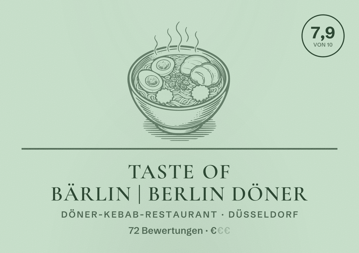 Illustriertes Poster von Taste of Bärlin | Berlin Döner, Döner-Kebab-Restaurant in Düsseldorf: Bewertung 7,9 von 10 aus 72 Bewertungen, Preisniveau €