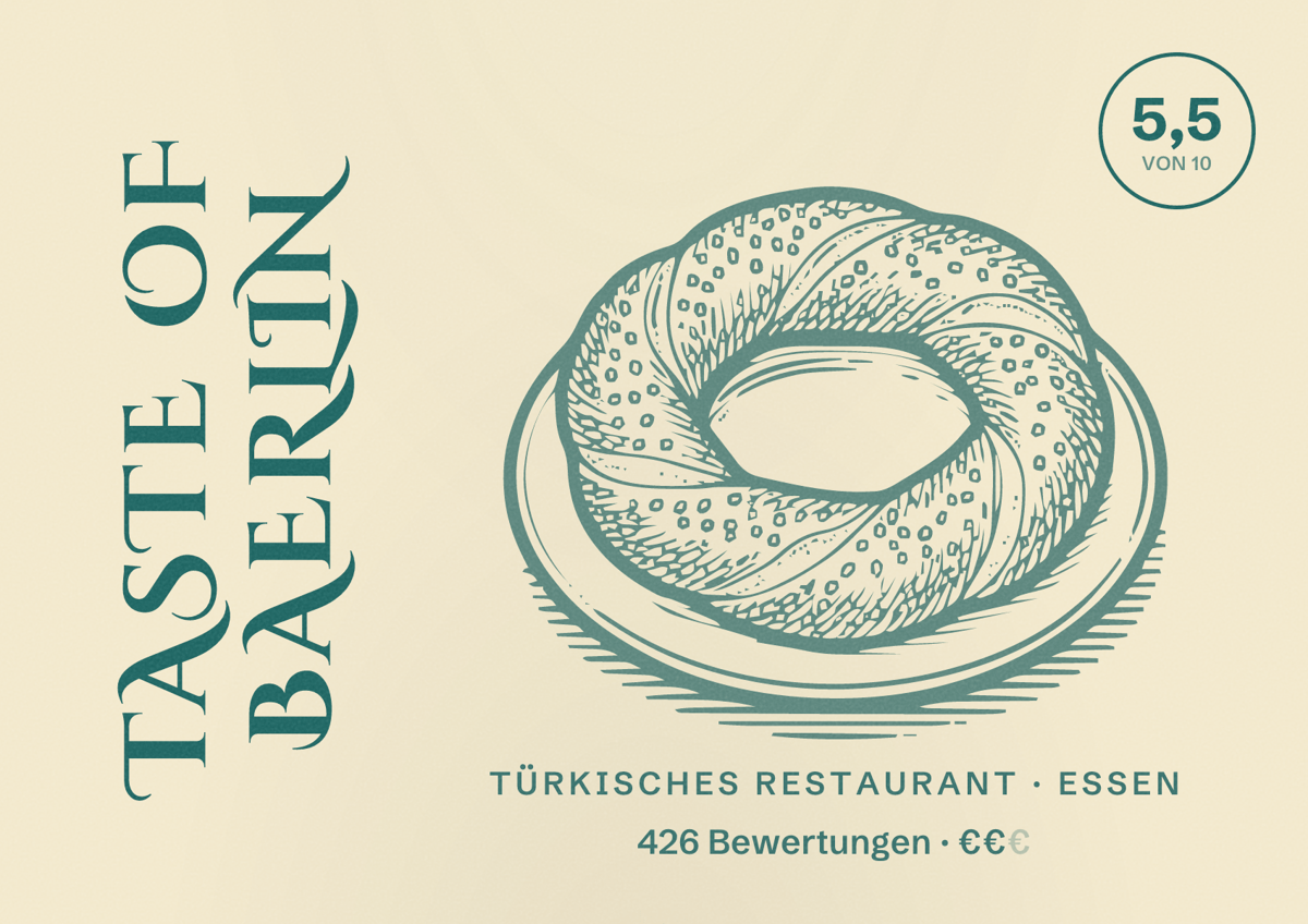 Illustriertes Poster von Taste of Baerlin, Türkisches Restaurant in Essen: Gästebewertung 5,5 von 10 aus 426 Bewertungen