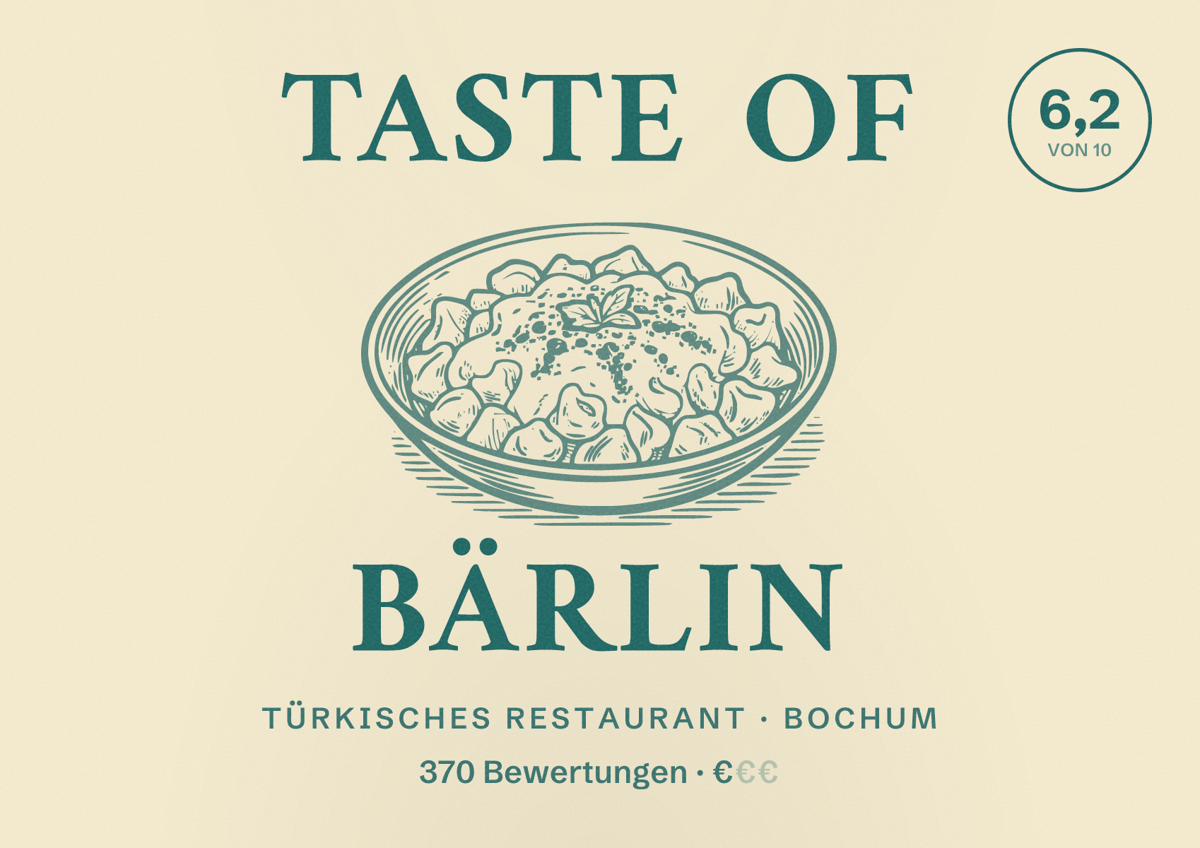 Illustriertes Poster von Taste of Bärlin, Türkisches Restaurant in Bochum: Bewertung 6,2 von 10 aus 370 Bewertungen, Preisniveau €