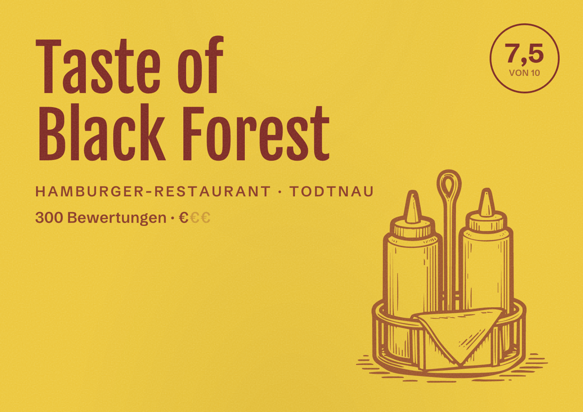 Illustriertes Poster von Taste of Black Forest, Hamburger-Restaurant in Todtnau: Bewertung 7,5 von 10 aus 300 Bewertungen, Preisniveau €