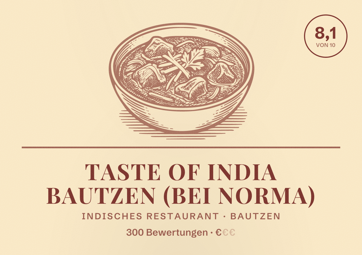 Illustriertes Poster von Taste of India Bautzen (bei Norma), Indisches Restaurant in Bautzen: Bewertung 8,1 von 10 aus 300 Bewertungen, Preisniveau €