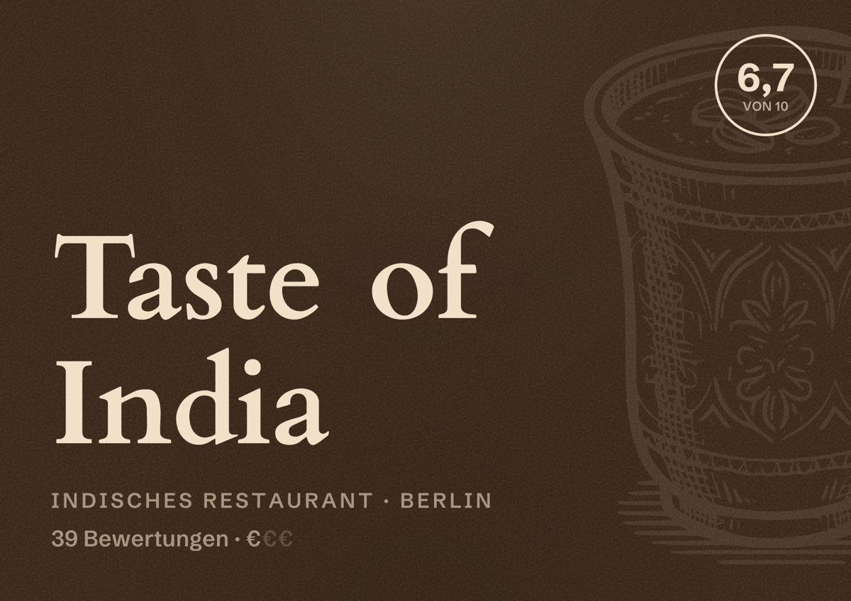 Illustriertes Poster von Taste of India, Indisches Restaurant in Berlin: Bewertung 6,7 von 10 aus 39 Bewertungen, Preisniveau €