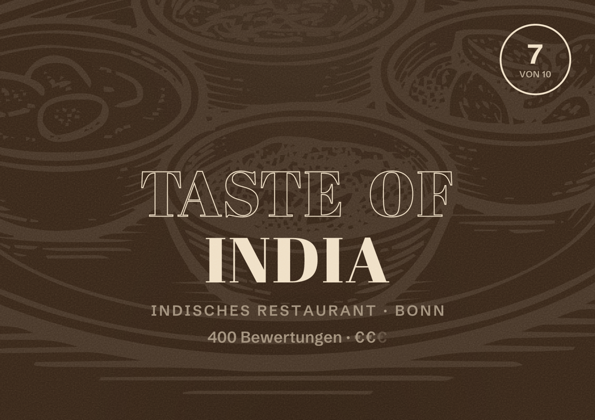 Illustriertes Poster von Taste of India, Indisches Restaurant in Bonn: Bewertung 7 von 10 aus 400 Bewertungen, Preisniveau €€