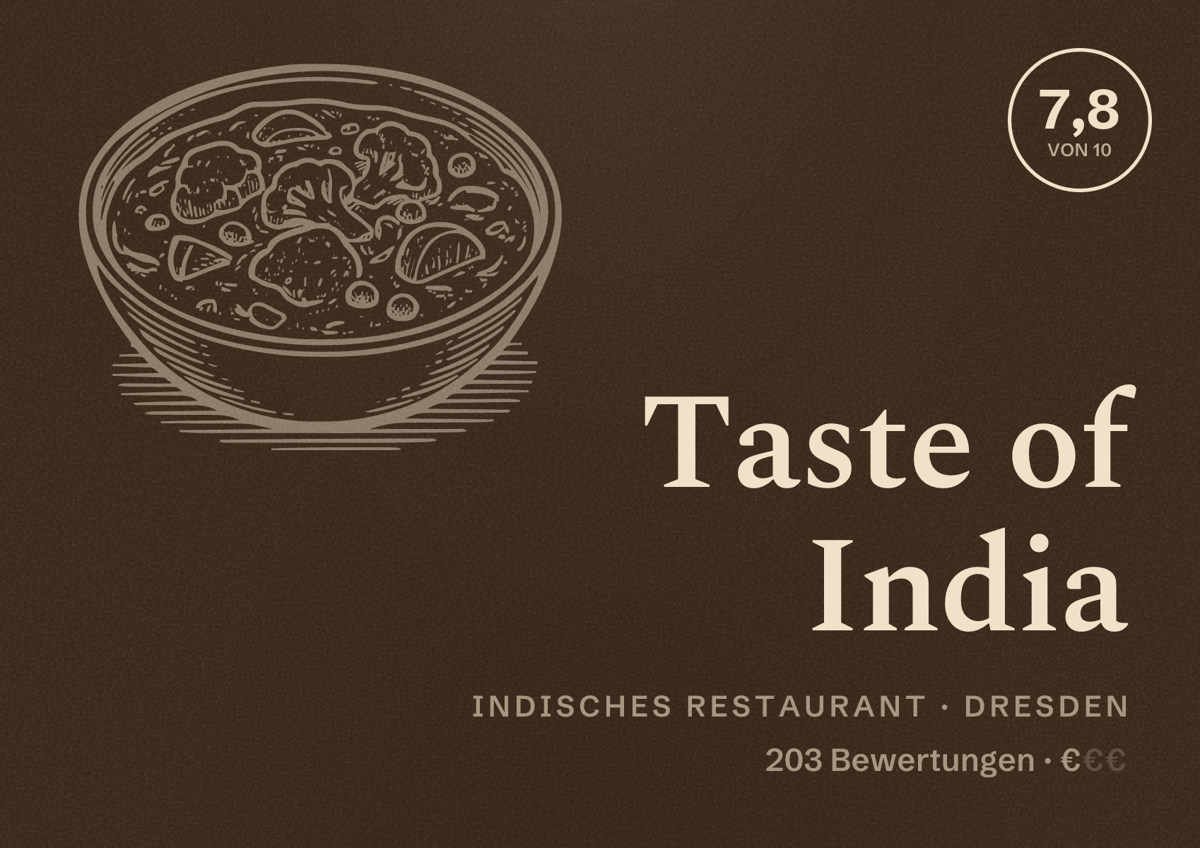 Illustriertes Poster von Taste of India, Indisches Restaurant in Dresden: Bewertung 7,8 von 10 aus 203 Bewertungen, Preisniveau €