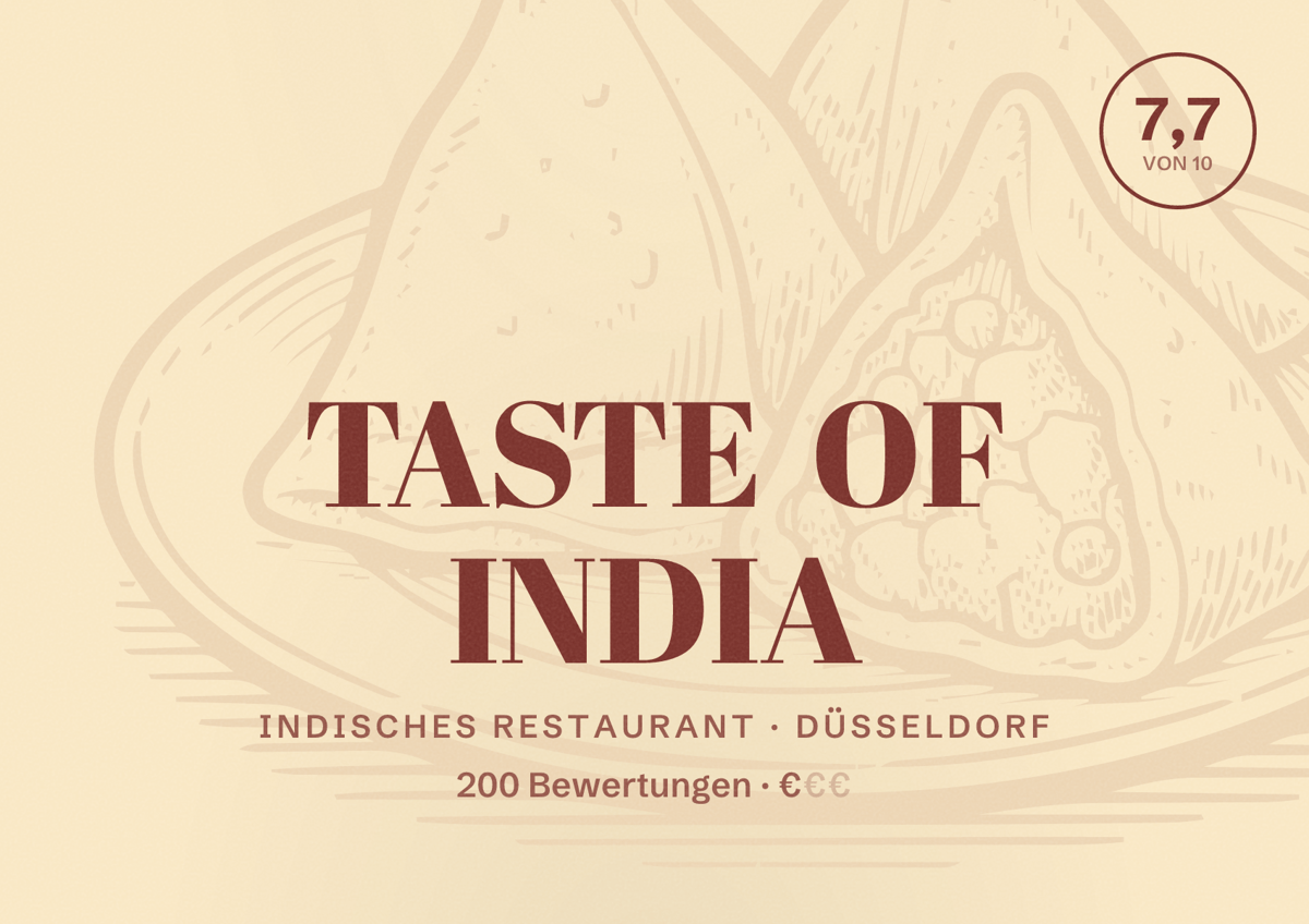 Illustriertes Poster von TASTE OF INDIA, Indisches Restaurant in Düsseldorf: Bewertung 7,7 von 10 aus 200 Bewertungen, Preisniveau €