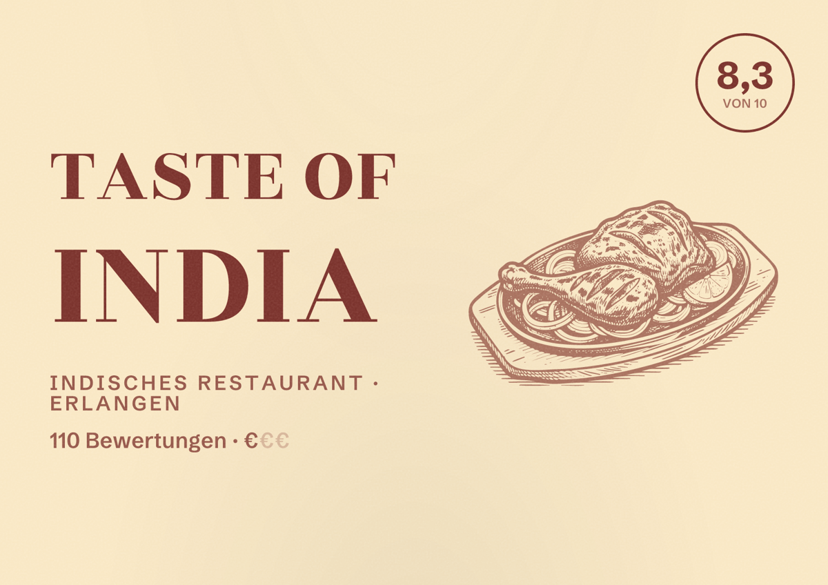 Illustriertes Poster von Taste of India, Indisches Restaurant in Erlangen: Bewertung 8,3 von 10 aus 110 Bewertungen, Preisniveau €