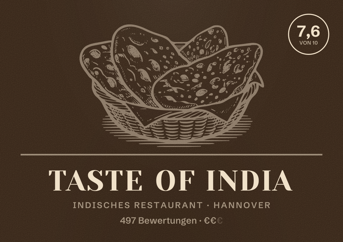 Illustriertes Poster von Taste of India, Indisches Restaurant in Hannover: Gästebewertung 7,6 von 10 aus 497 Bewertungen