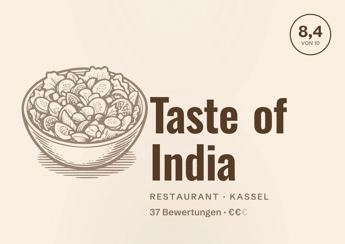 Illustriertes Poster von Taste of India, Restaurant in Kassel: Bewertung 8,4 von 10 aus 37 Bewertungen, Preisniveau €€
