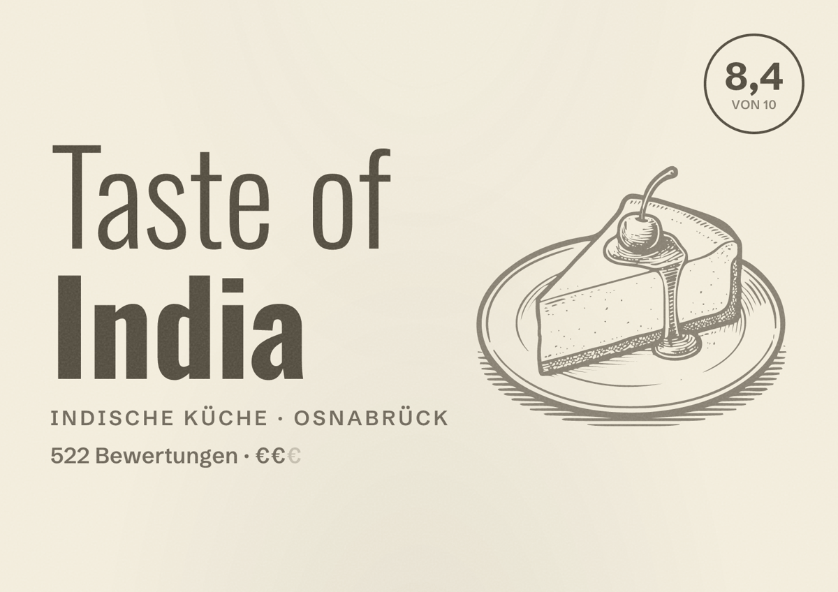 Illustriertes Poster von Taste of India, Indische Küche in Osnabrück: Bewertung 8,4 von 10 aus 522 Bewertungen, Preisniveau €€