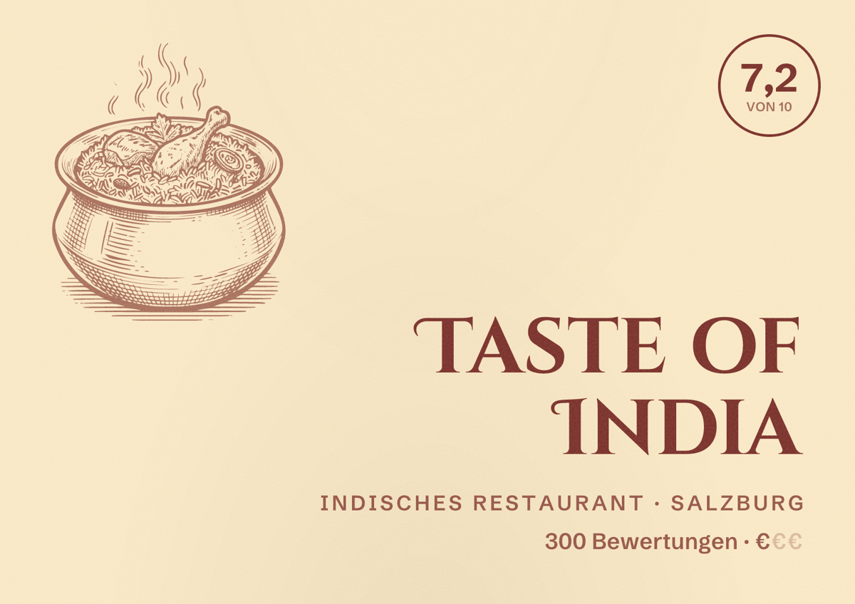 Illustriertes Poster von Taste of India, Indisches Restaurant in Salzburg: Bewertung 7,2 von 10 aus 300 Bewertungen, Preisniveau €
