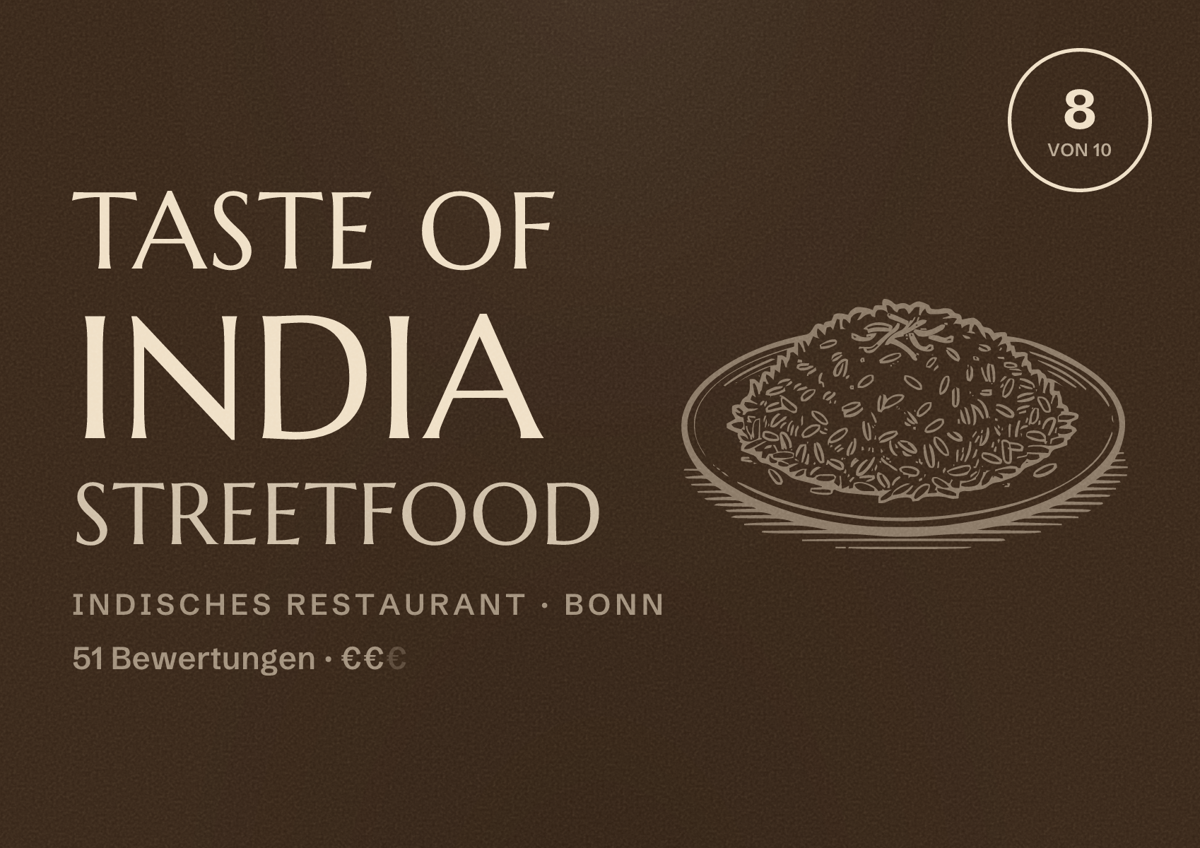 Illustriertes Poster von Taste of India Streetfood, Indisches Restaurant in Bonn: Bewertung 8 von 10 aus 51 Bewertungen, Preisniveau €€