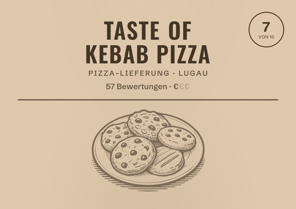 Illustriertes Poster von Taste of Kebab Pizza, Pizza-Lieferung in Lugau: Bewertung 7 von 10 aus 57 Bewertungen, Preisniveau €
