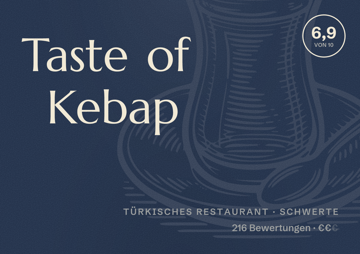 Illustriertes Poster von Taste of Kebap, Türkisches Restaurant in Schwerte: Bewertung 6,9 von 10 aus 216 Bewertungen, Preisniveau €€