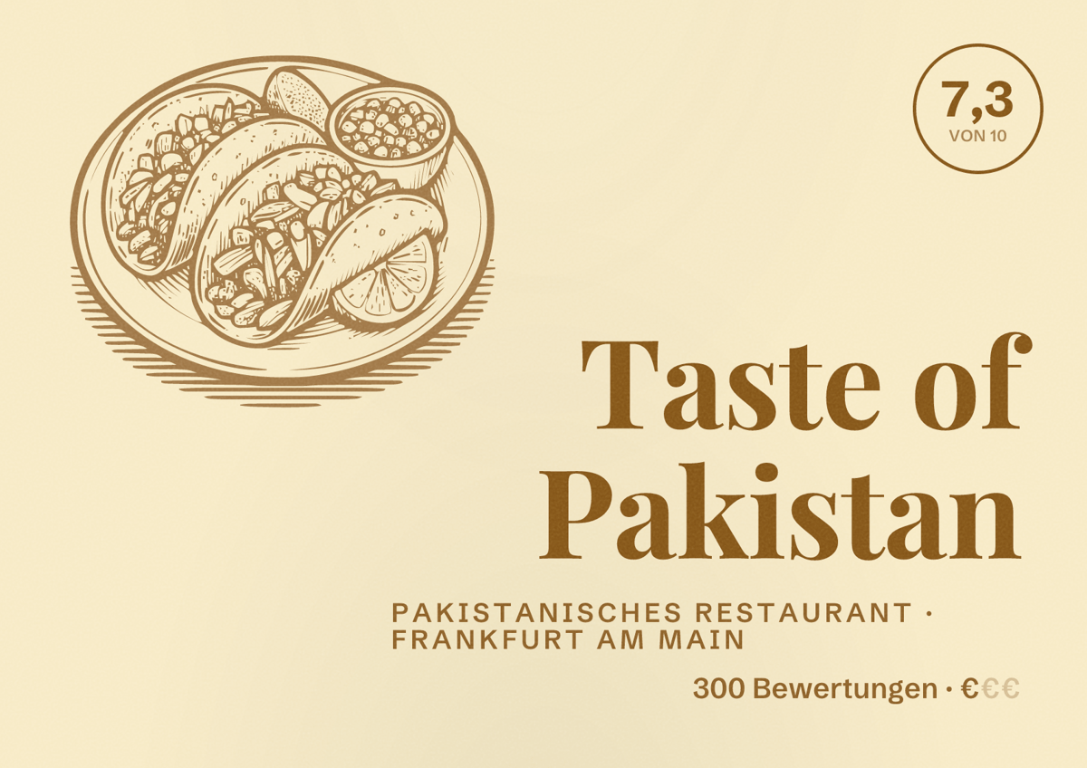 Illustriertes Poster von Taste of Pakistan, Pakistanisches Restaurant in Frankfurt am Main: Bewertung 7,3 von 10 aus 300 Bewertungen, Preisniveau €