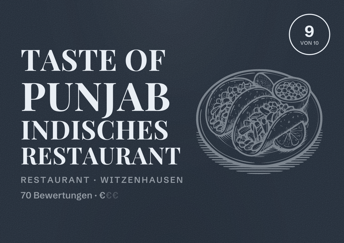 Illustriertes Poster von Taste of Punjab Indisches Restaurant, Restaurant in Witzenhausen: Bewertung 9 von 10 aus 70 Bewertungen, Preisniveau €