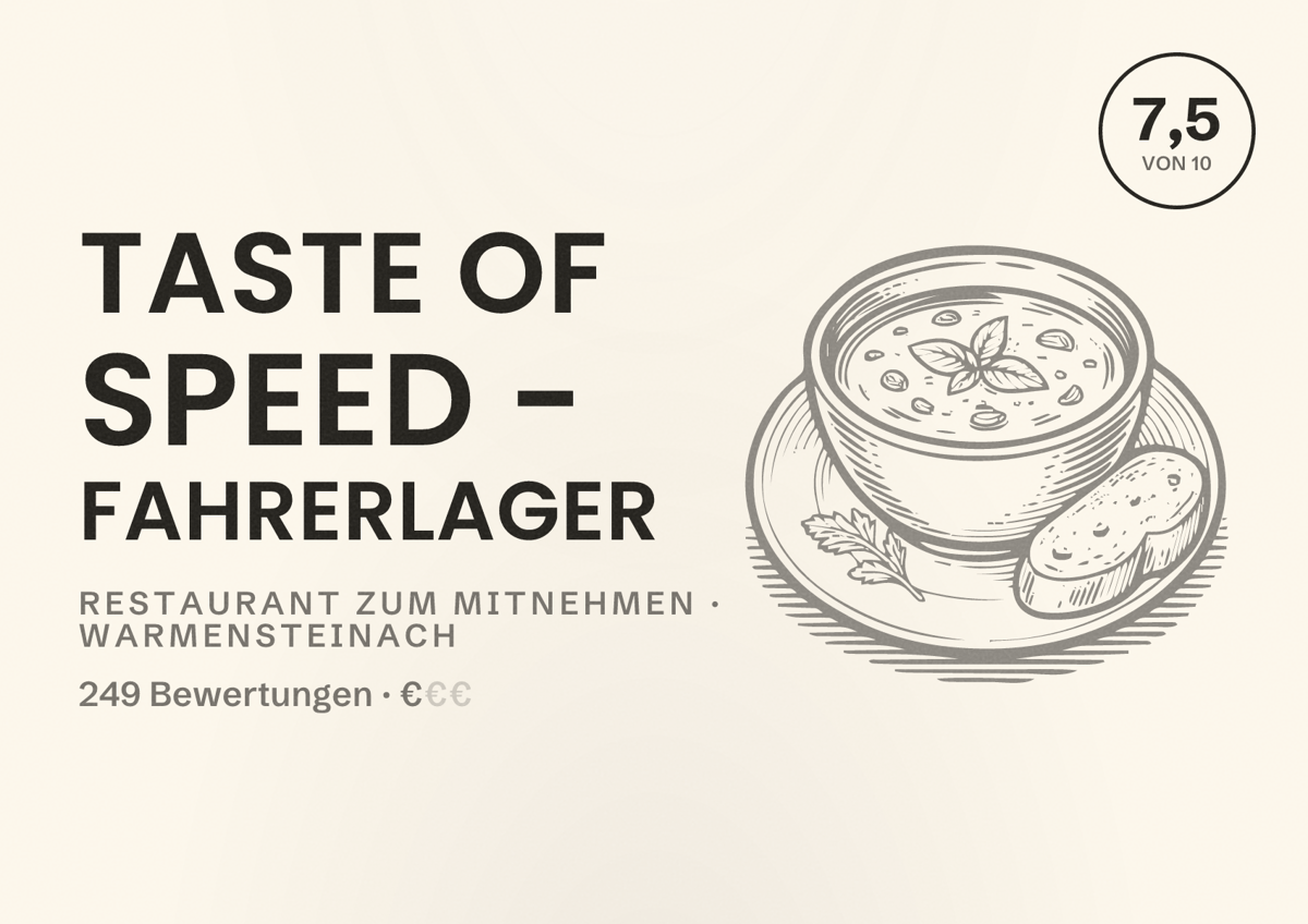 Illustriertes Poster von Taste of Speed - Fahrerlager, Restaurant zum Mitnehmen in Warmensteinach: Bewertung 7,5 von 10 aus 249 Bewertungen, Preisniveau €