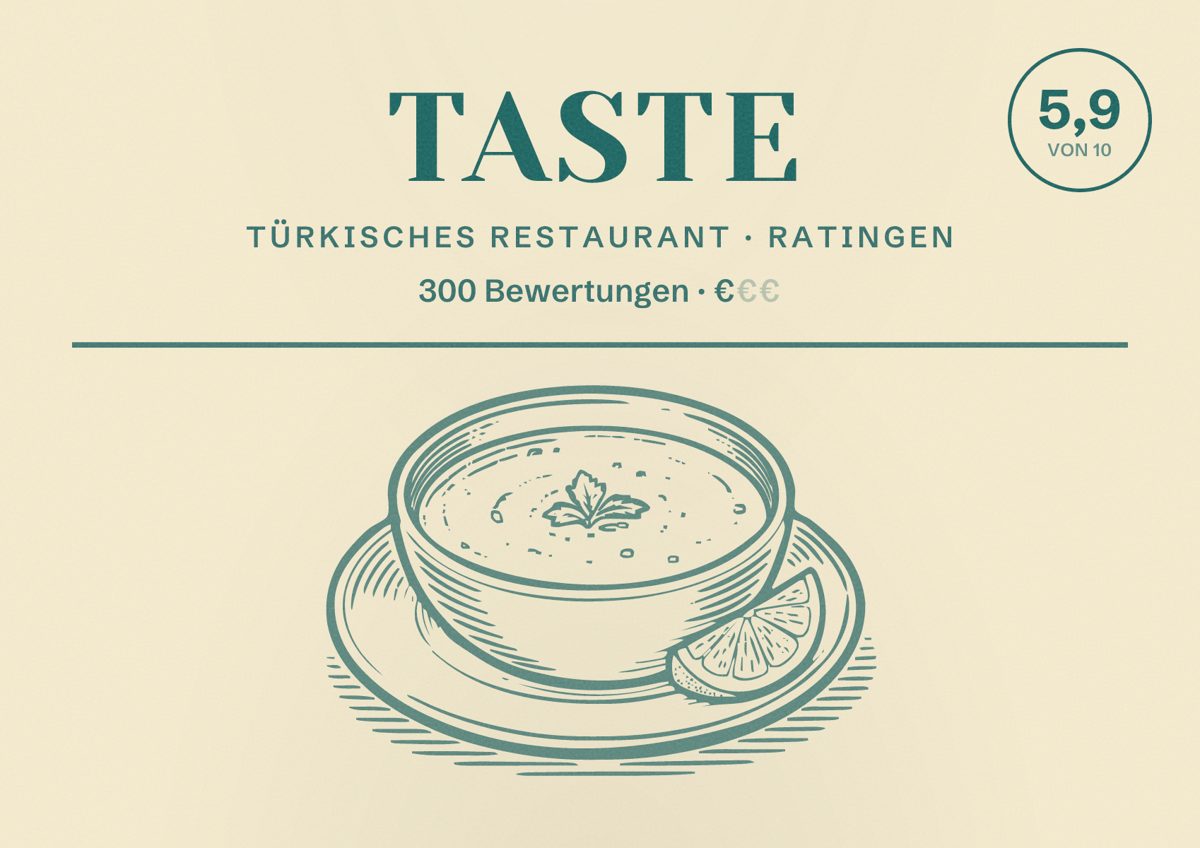 Illustriertes Poster von Taste, Türkisches Restaurant in Ratingen: Bewertung 5,9 von 10 aus 300 Bewertungen, Preisniveau €