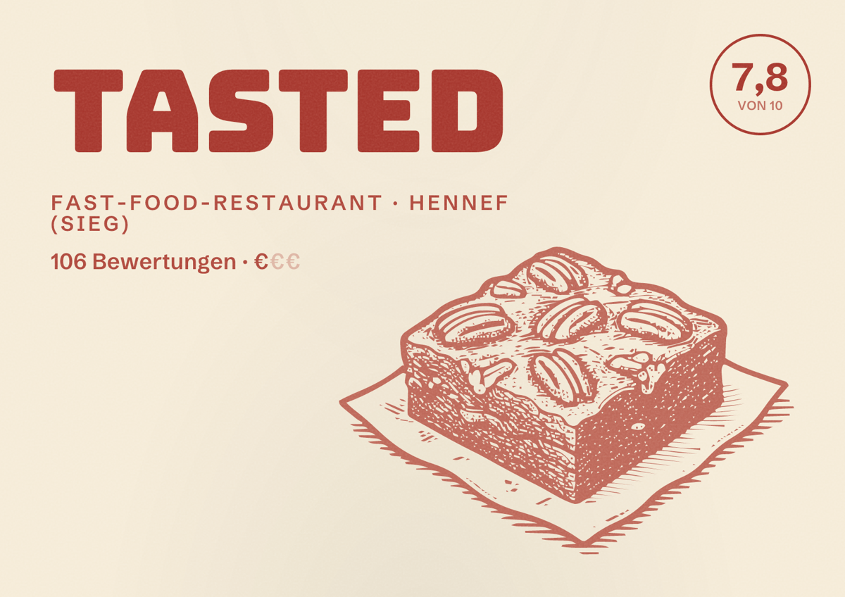 Illustriertes Poster von Tasted, Fast-Food-Restaurant in Hennef (Sieg): Bewertung 7,8 von 10 aus 106 Bewertungen, Preisniveau €