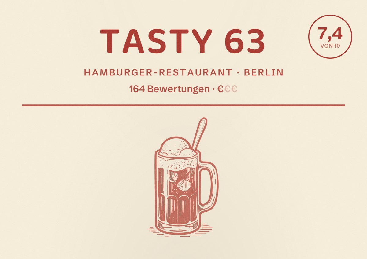 Illustriertes Poster von Tasty 63, Hamburger-Restaurant in Berlin: Bewertung 7,4 von 10 aus 164 Bewertungen, Preisniveau €