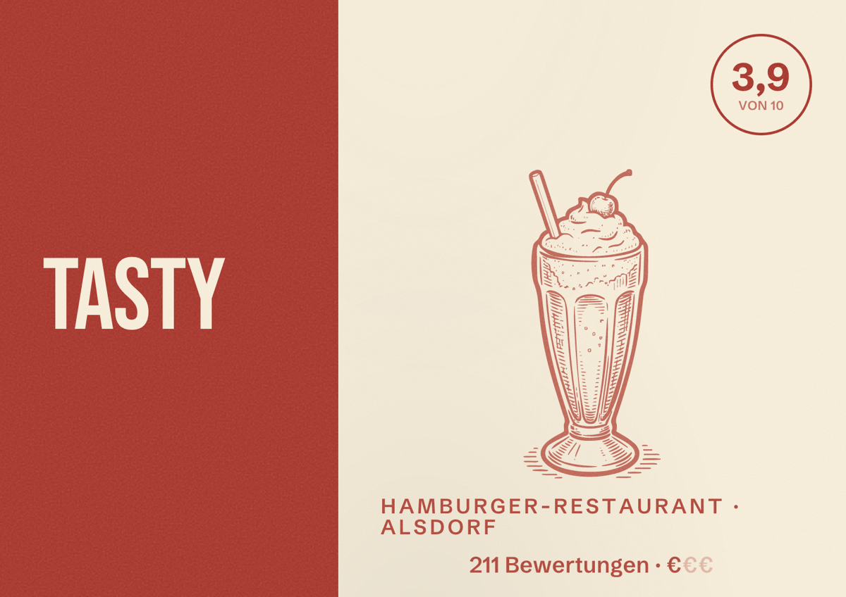 Illustriertes Poster von Tasty, Hamburger-Restaurant in Alsdorf: Bewertung 3,9 von 10 aus 211 Bewertungen, Preisniveau €