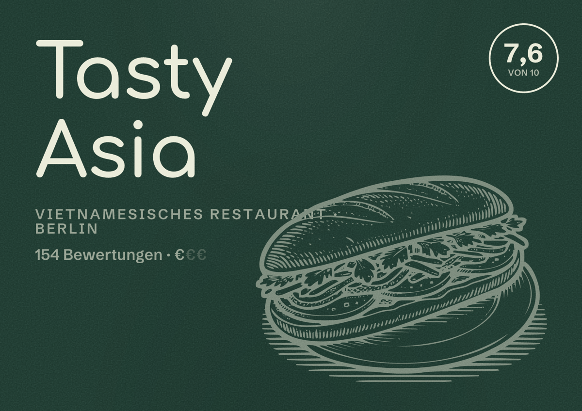Illustriertes Poster von Tasty Asia, Vietnamesisches Restaurant in Berlin: Bewertung 7,6 von 10 aus 154 Bewertungen, Preisniveau €