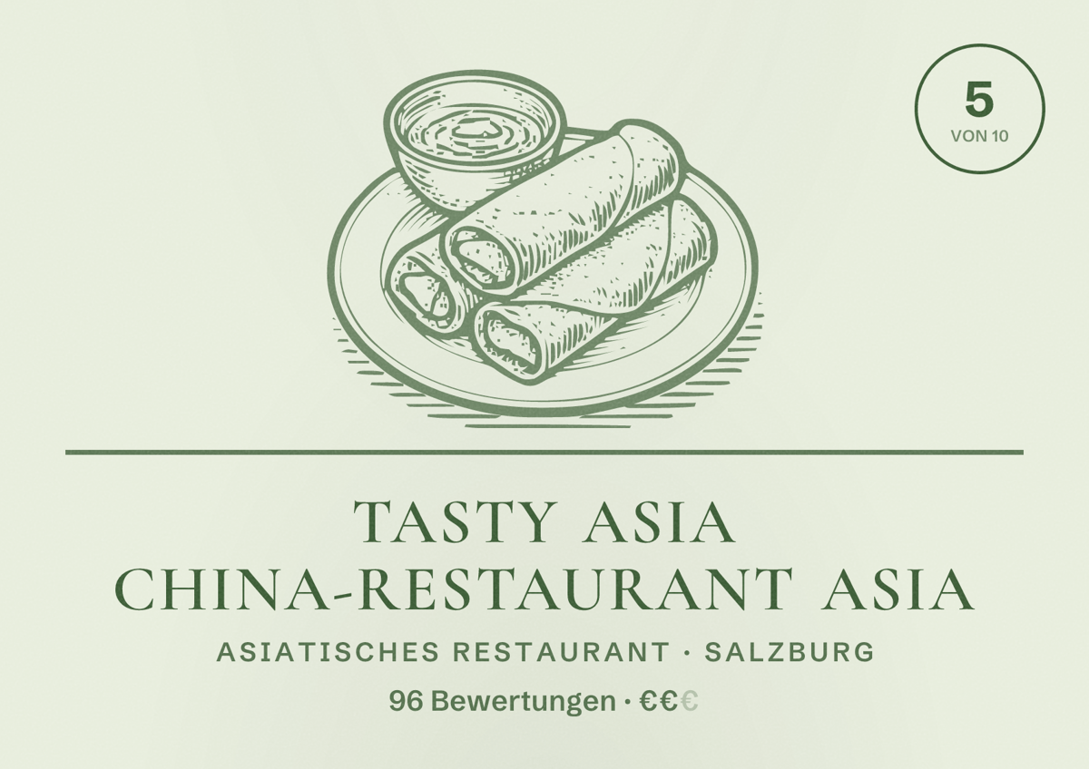 Illustriertes Poster von Tasty Asia China-Restaurant Asia, Asiatisches Restaurant in Salzburg: Bewertung 5 von 10 aus 96 Bewertungen, Preisniveau €€