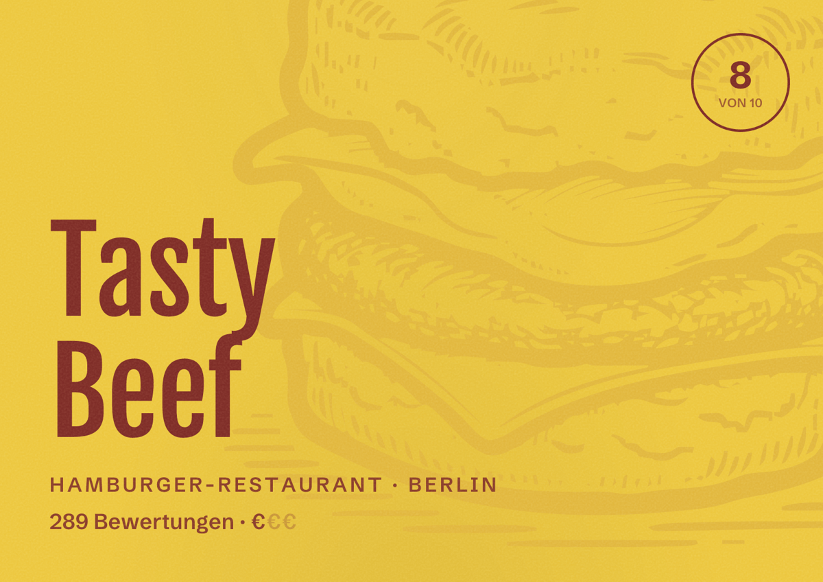 Illustriertes Poster von Tasty Beef, Hamburger-Restaurant in Berlin: Bewertung 8 von 10 aus 289 Bewertungen, Preisniveau €