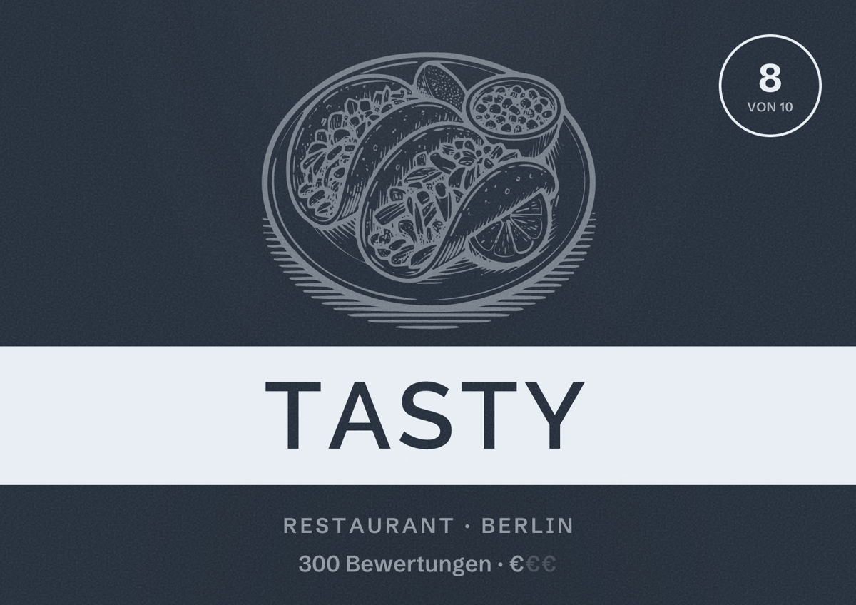 Illustriertes Poster von Tasty, Restaurant in Berlin: Bewertung 8,0 von 10 aus 300 Bewertungen, Preisniveau €