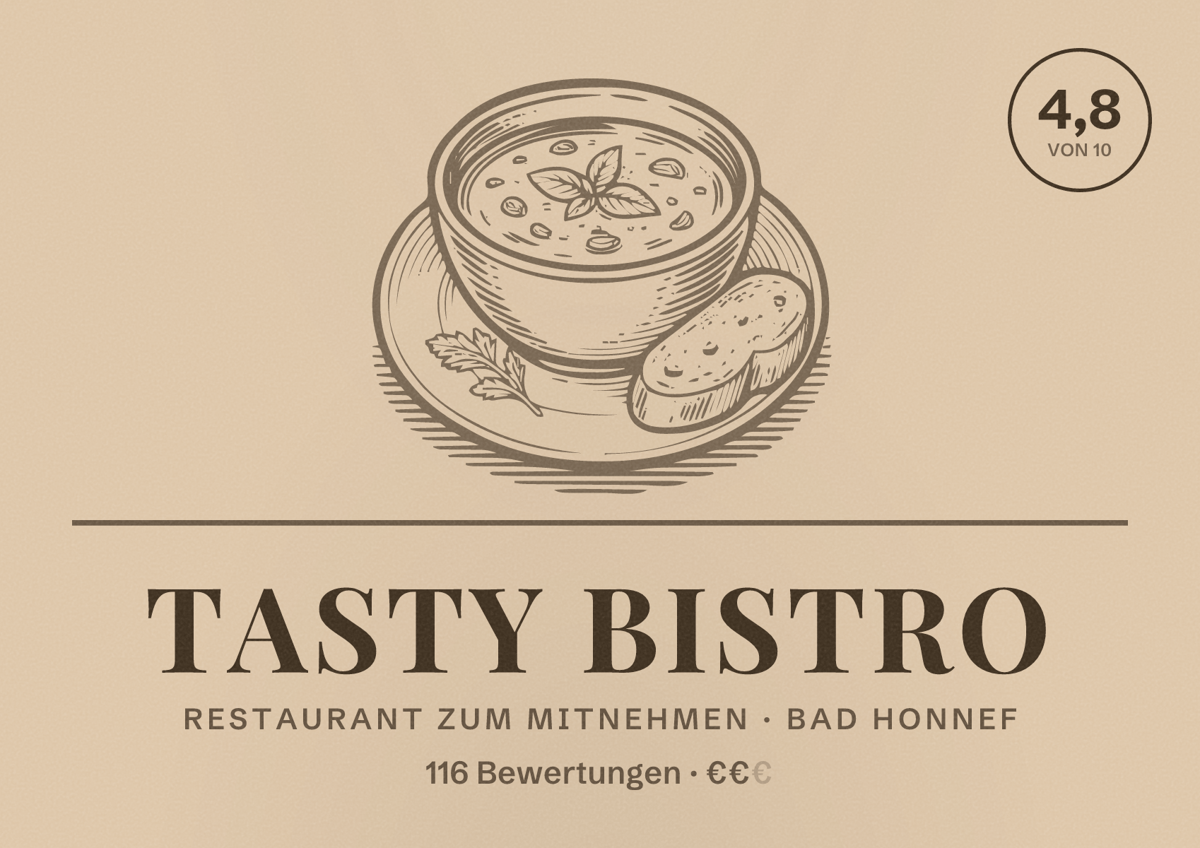 Illustriertes Poster von Tasty Bistro, Restaurant zum Mitnehmen in Bad Honnef: Bewertung 4,8 von 10 aus 116 Bewertungen, Preisniveau €€