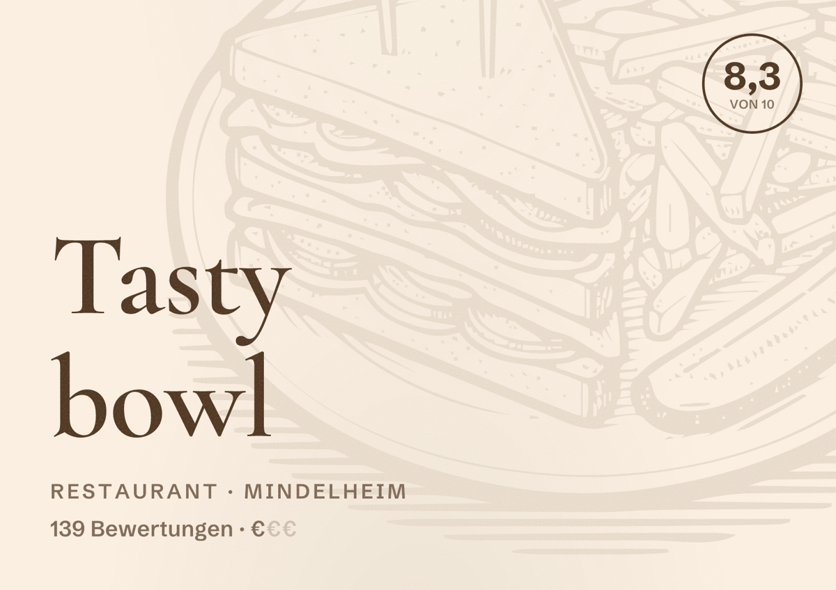 Illustriertes Poster von Tasty bowl, Restaurant in Mindelheim: Bewertung 8,3 von 10 aus 139 Bewertungen, Preisniveau €