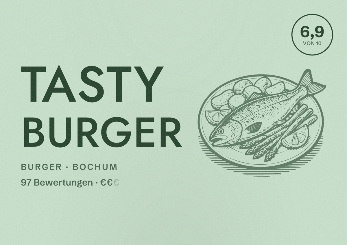Illustriertes Poster von Tasty Burger, Burger in Bochum: Gästebewertung 6,9 von 10 aus 97 Bewertungen