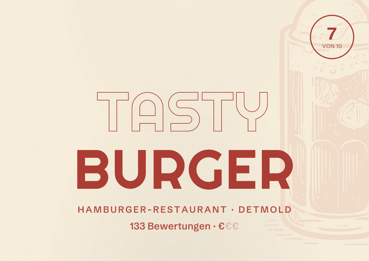 Illustriertes Poster von Tasty Burger, Hamburger-Restaurant in Detmold: Bewertung 7 von 10 aus 133 Bewertungen, Preisniveau €