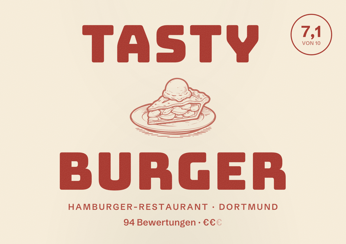 Illustriertes Poster von Tasty Burger, Hamburger-Restaurant in Dortmund: Gästebewertung 7,1 von 10 aus 94 Bewertungen