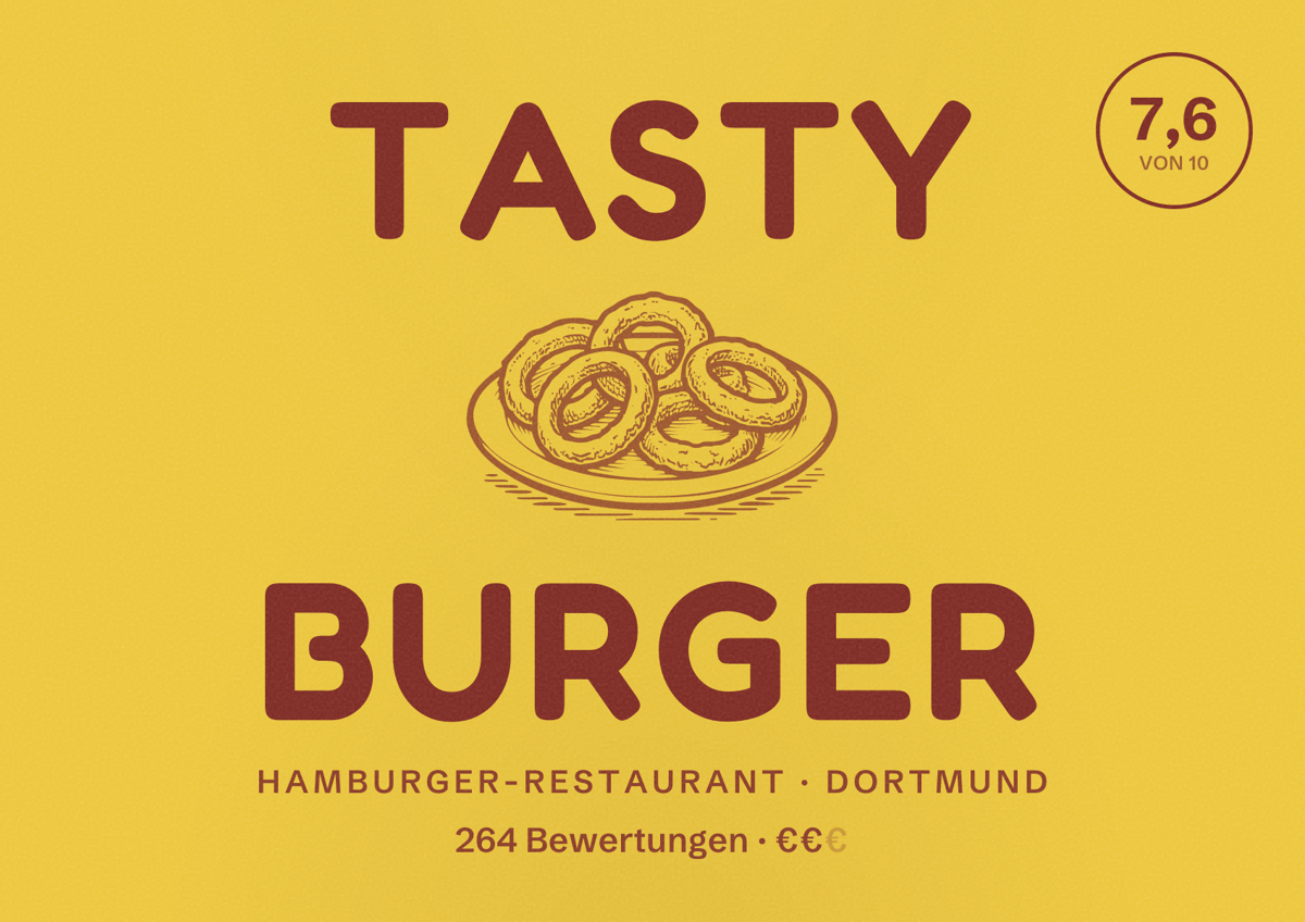 Illustriertes Poster von Tasty Burger, Hamburger-Restaurant in Dortmund: Bewertung 7,6 von 10 aus 264 Bewertungen, Preisniveau €€