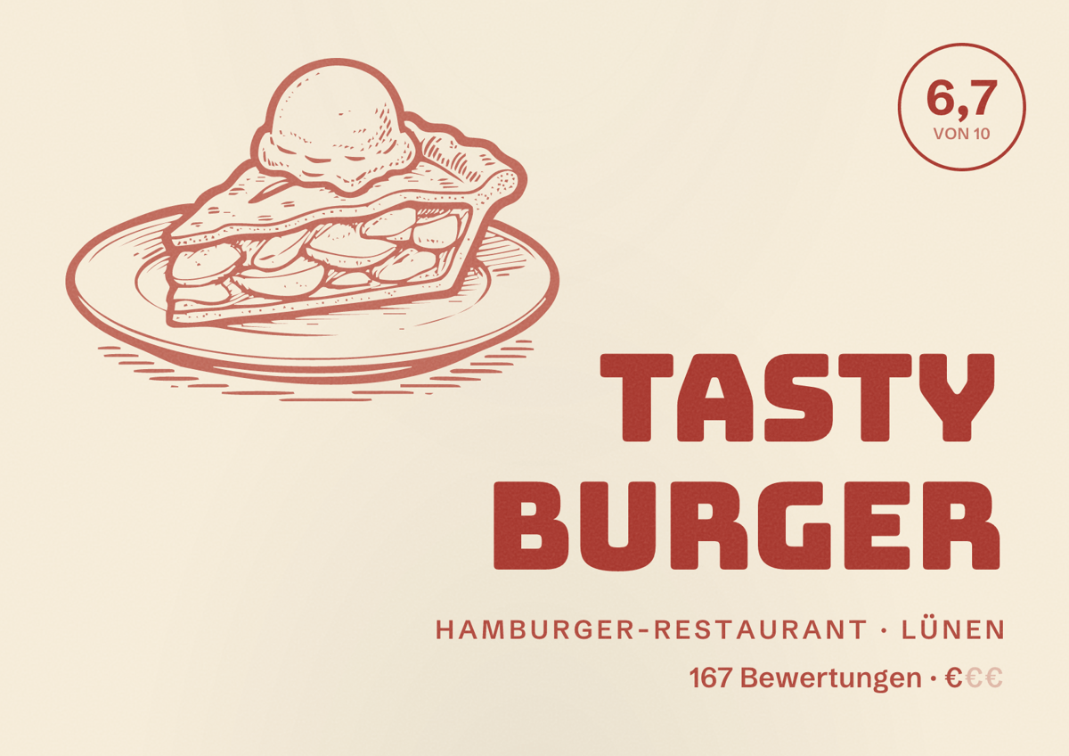 Illustriertes Poster von Tasty Burger, Hamburger-Restaurant in Lünen: Bewertung 6,7 von 10 aus 167 Bewertungen, Preisniveau €